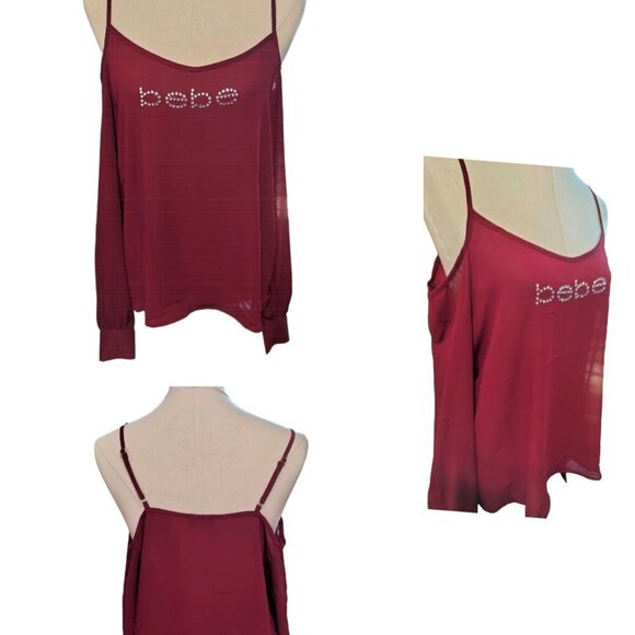 (671) Bebe Burgundy Cold Shoulder Embellished Logo Top Size Small - Picture 1 of 4